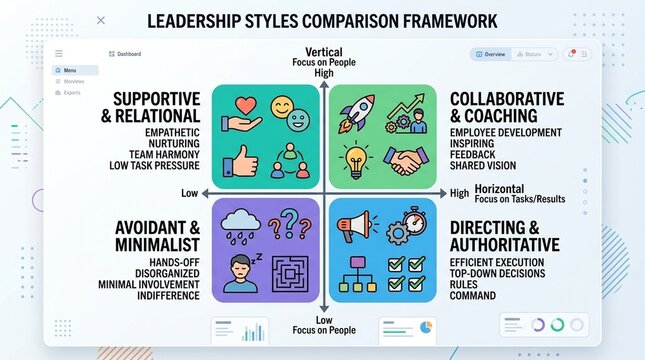 Leadership styles comparison leadership styles infographic with quadrant grid and icons