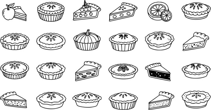 Black and White Line Art Illustration of Assorted Pies and Slices, Apple, Cherry, Pumpkin, Citrus Fruit, Baking, Dessert Icons