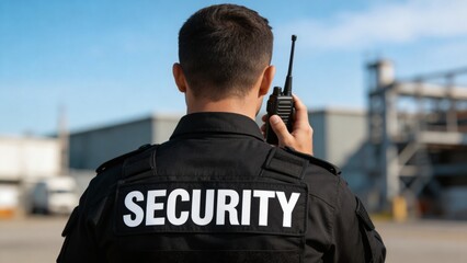 Obraz premium A security guard in a black uniform holds a radio while standing outside an industrial building on a clear day.