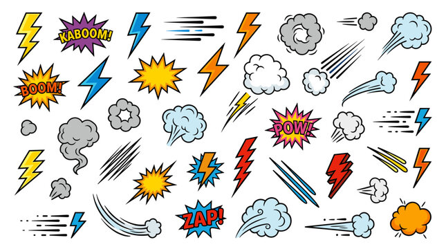 Dynamic comic book sound effects and action elements collection for graphic design and illustration