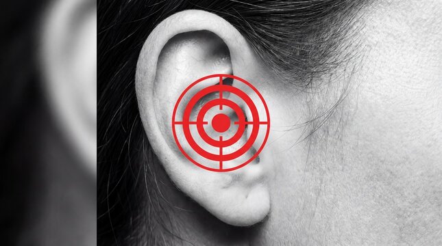 Close-up of human ear with red target symbol on earlobe
