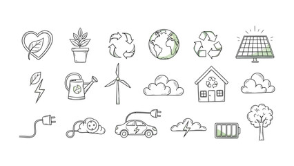 Fototapeta premium Eco-conscious Doodle Collection: An array of whimsical doodles captures essential elements for sustainable living, encouraging eco-consciousness. A visual symphony.