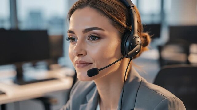 Focused customer service representative wearing headset calmly assisting clients in modern office environment