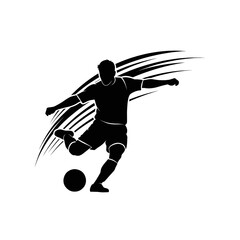 Obraz premium Silhouette of a soccer player kicking a ball with dynamic motion lines behind him.