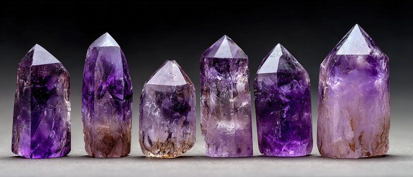 Row of polished amethyst crystal points on a neutral background, showcasing vibrant purple hues and natural textures, ideal for wellness, jewelry, or interior design concepts.