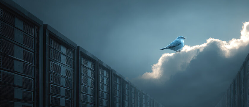 A blue bird perches on a cloud above rows of server racks in a data center, symbolizing cloud technology and digital connectivity.