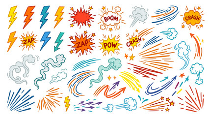 Fototapeta premium Dynamic comic book style explosion and action sound effects collection for graphic design and visual storytelling