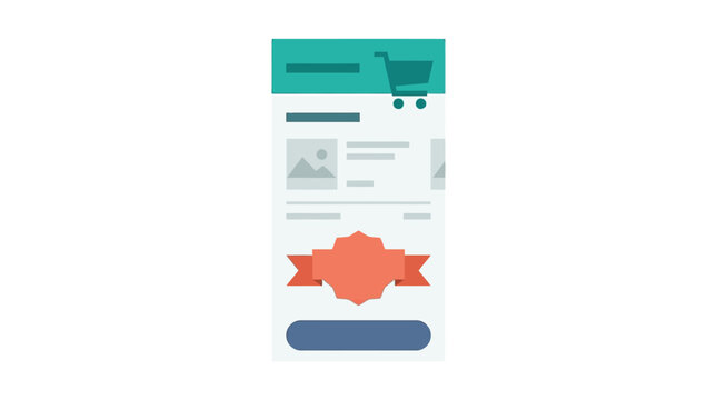 Flat design illustration of a mobile shopping application user interface with checkout button and discount badge.