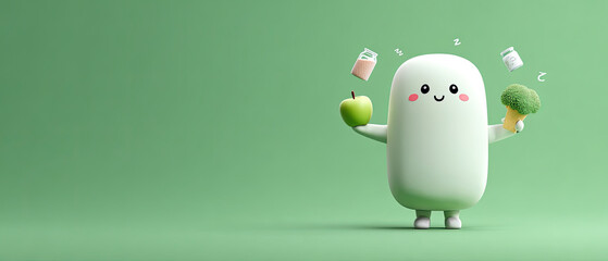 Fototapeta premium Smiling cartoon character holding apple and broccoli with milk cartons on pastel green background, promoting healthy eating.