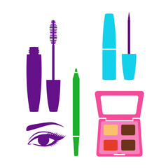 Naklejka premium Cosmetics Makeup Kit Flat Icons: Mascara, Eyeliner, Eyeshadow Palette, Eyebrow