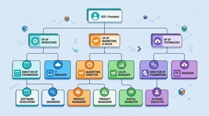Fototapeta premium Org chart hierarchy tree organisation chart with tiered boxes and lines