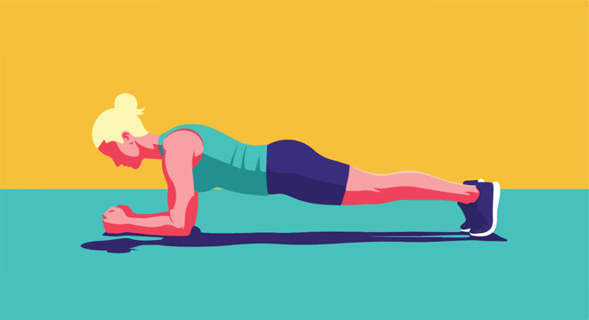 Stylized woman holds an elbow plank on a teal floor with a yellow background, exercising