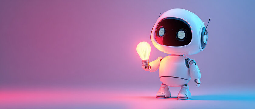 Adorable white robot holding a glowing light bulb, standing on gradient pink and blue background. Futuristic technology and innovation concept.