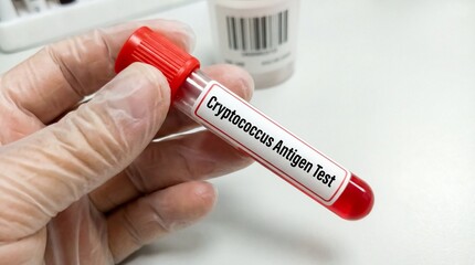Obraz premium Hand holding a test tube labeled Cryptococcus Antigen Test for medical diagnosis