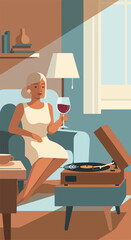 Fototapeta premium Relaxed woman sips red wine, eyes closed, listening to vinyl records in a calm room