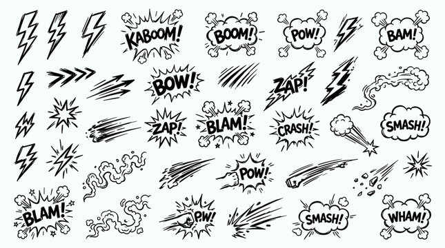 Dynamic comic book sound effects and action lines in doodle style for visual storytelling and graphic design elements