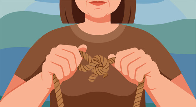 Person untangling a brown rope with hands, wearing a brown shirt, simple background