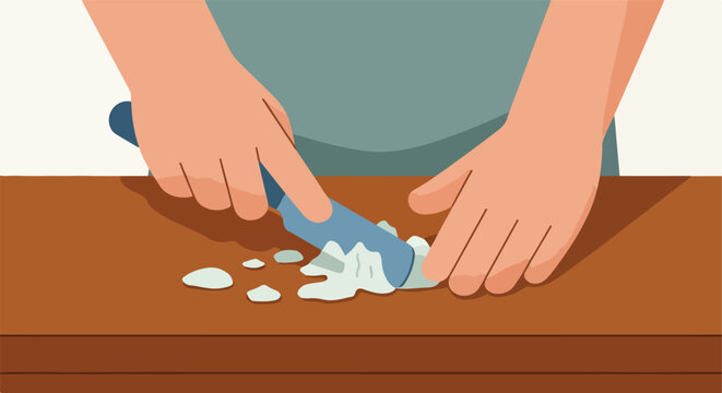 Hands chopping/scraping light ingredients on a brown board with a blue utensil