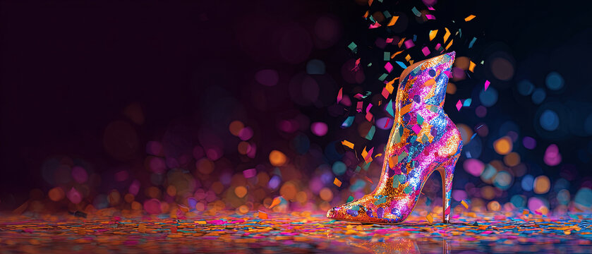 Colorful glitter high heel boot surrounded by vibrant confetti on a reflective surface with bokeh lights, perfect for festive or fashion branding.