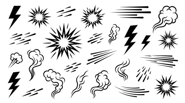 Collection of black comic book style sound effects and motion lines on white background