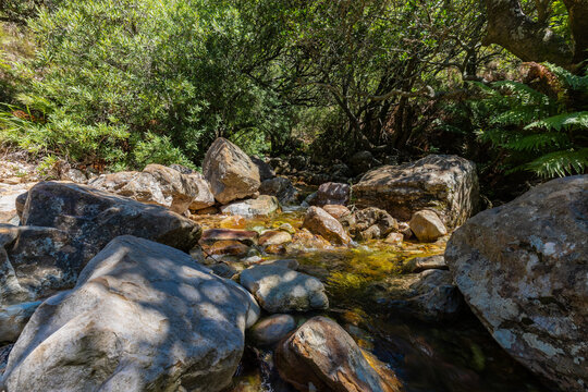 An amazing view on a perfect day over the Jonkershoek Nature Reserve located close to Stellenbosch in South Africa and home to the Jonkershoek Mountains and the impressiv valley. The reserve includes 