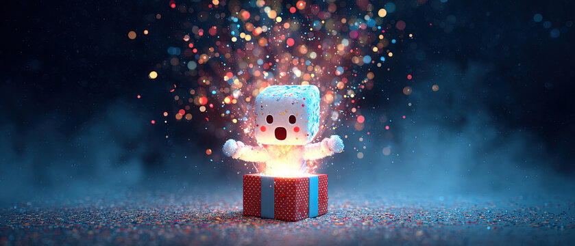 A cartoon cube character with a surprised face pops from a red gift box, surrounded by colorful sparkling confetti and a dark, festive background.