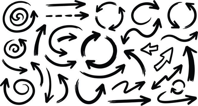 Arrows rendered with a thick brush stroke depict various circular motions and directional indicators for creative projects.