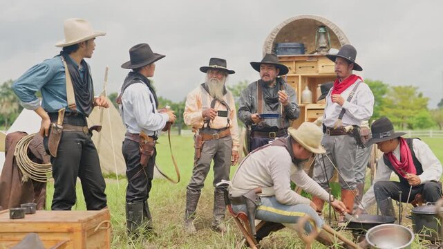 Group of cowboy men with different generation enjoy with eating meal together in the field look like group of caravan.