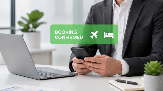 Businessman working on laptop with green checkmark