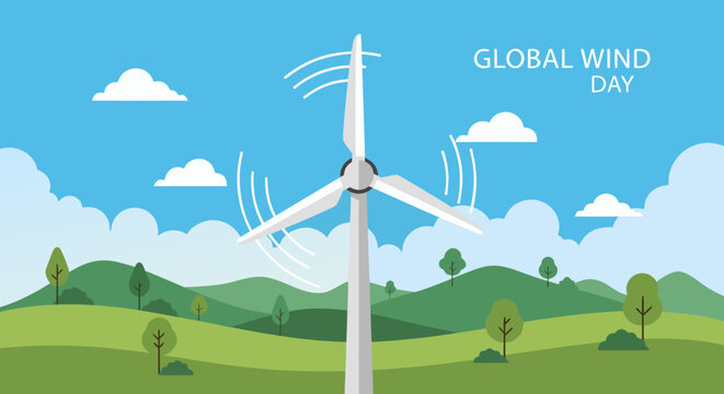Global Wind Day banner with wind turbine in green landscape. Renewable energy and ecology concept. Flat design vector illustration