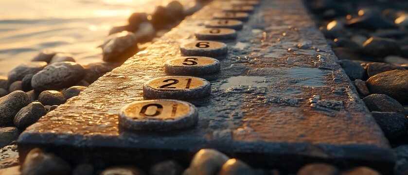 Numbered ruler washed in sea, sitting on the beach with rocks and golden sunlight