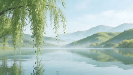 Obraz premium Willow tree by calm lake with mountains