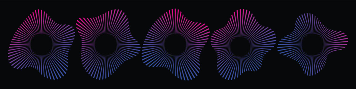 Neon Soundwave Icons, Radial Burst Audio Equalizer Circles, Glowing Music Frequency Waves on Black Background Vector