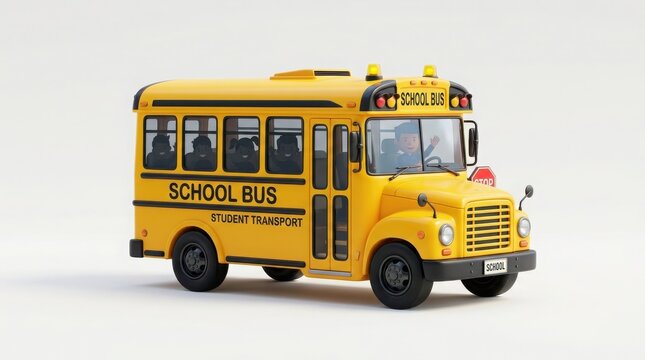 Yellow school bus toy model, miniature student transport vehicle, classic American educational bus for back to school concepts isolated on White Background