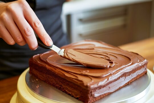 Hand spreading chocolate frosting on layered square cake