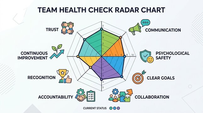 Team health check radar spider radar chart showing team health dimensions