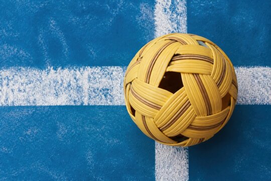 Sepak takraw rattan ball on blue court line for traditional sport training and game concept