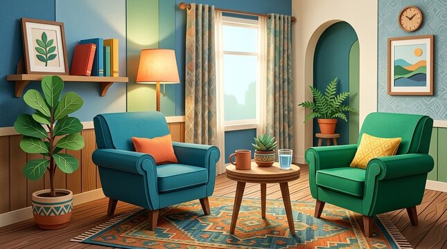 Mental health therapy room therapy room with two chairs plant and soft lighting