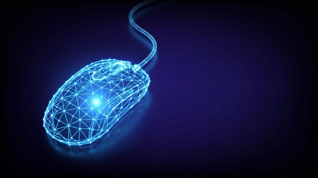 Digital mouse with glowing wireframe design on dark background