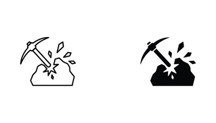 Pickaxe striking rock icon vector illustration in outline and solid black silhouette styles for mining and geology © Maya