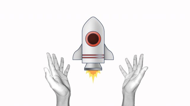 rocket launch illustration with collage raised hand, project launch, tech branding, innovation, 4k video alpha channel