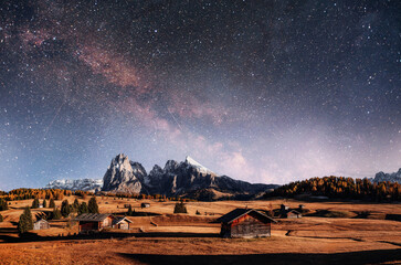 Obraz premium Panorama of Alpe di Siusi, Seiser Alm, view of majestic dolomites, mountains background.