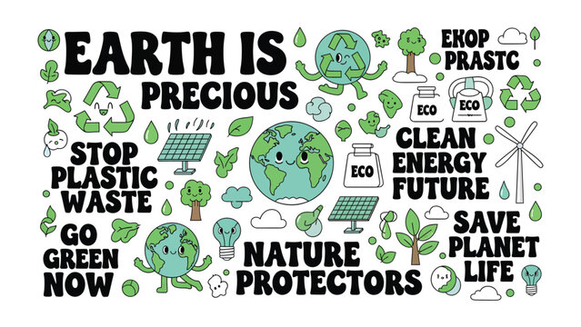 Eco-Conscious World: An illustration showcases Earth's preciousness, with calls for plastic waste reduction, clean energy, and nature protection, encouraging sustainable living and a greener future.
