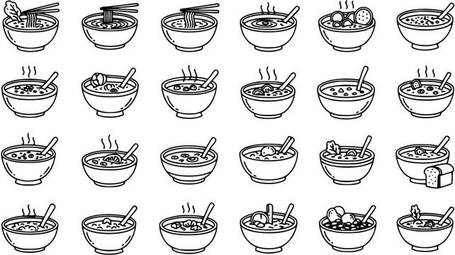 Diverse Line Art Icons of Various Soups and Noodles in Bowls, Food Concept