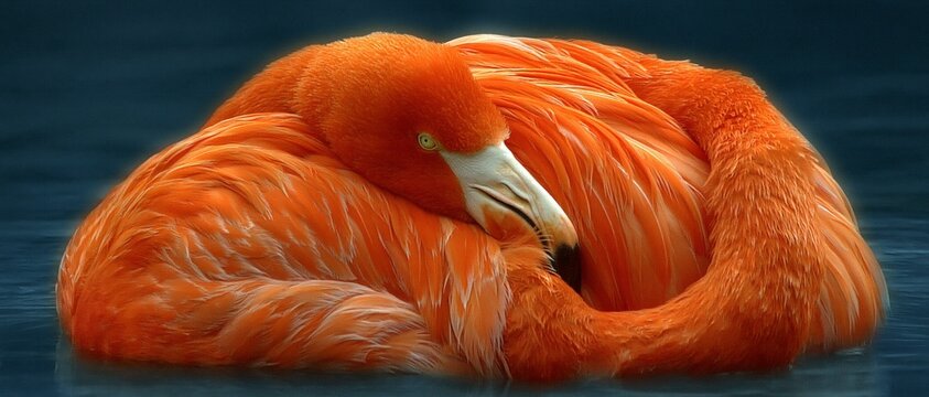A bright orange flamingo sleeps curled up in a ball on the water, providing a serene backdrop for articles on wildlife and the gracefulness of animals.