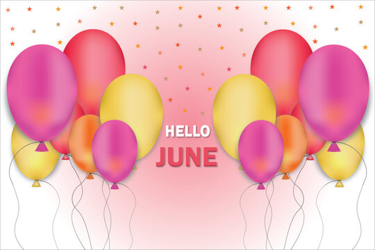 Colorful Hello June balloon celebration background with festive party decoration vector design.