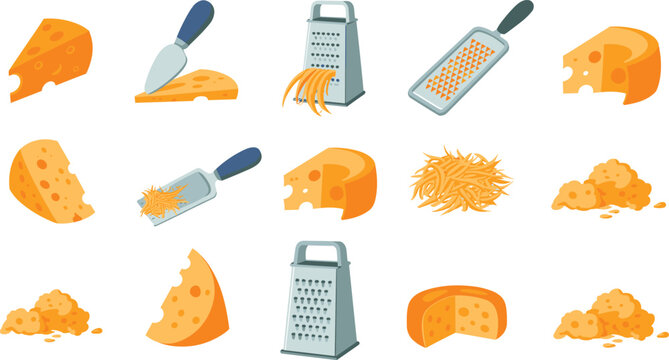 Cheese and grater collection set, dairy food ingredients illustration, kitchen vector for cooking and restaurant