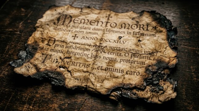 Burnt parchment paper with latin text texture, aged brown, smoky background