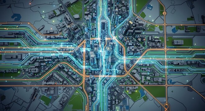 Futuristic City Center Neon Grid with Glowing Streets