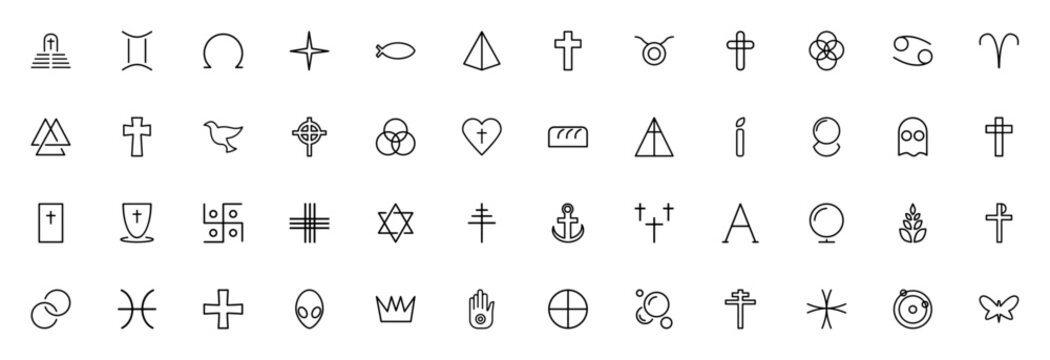 Religious Beliefs icon pack. Minimal thin line vector set. Includes Tomb, Gemini, Omega, Star, Cross, Dove, Yin Yang, Bible, Star of David, Hamsa, Christian, Swastika and more.